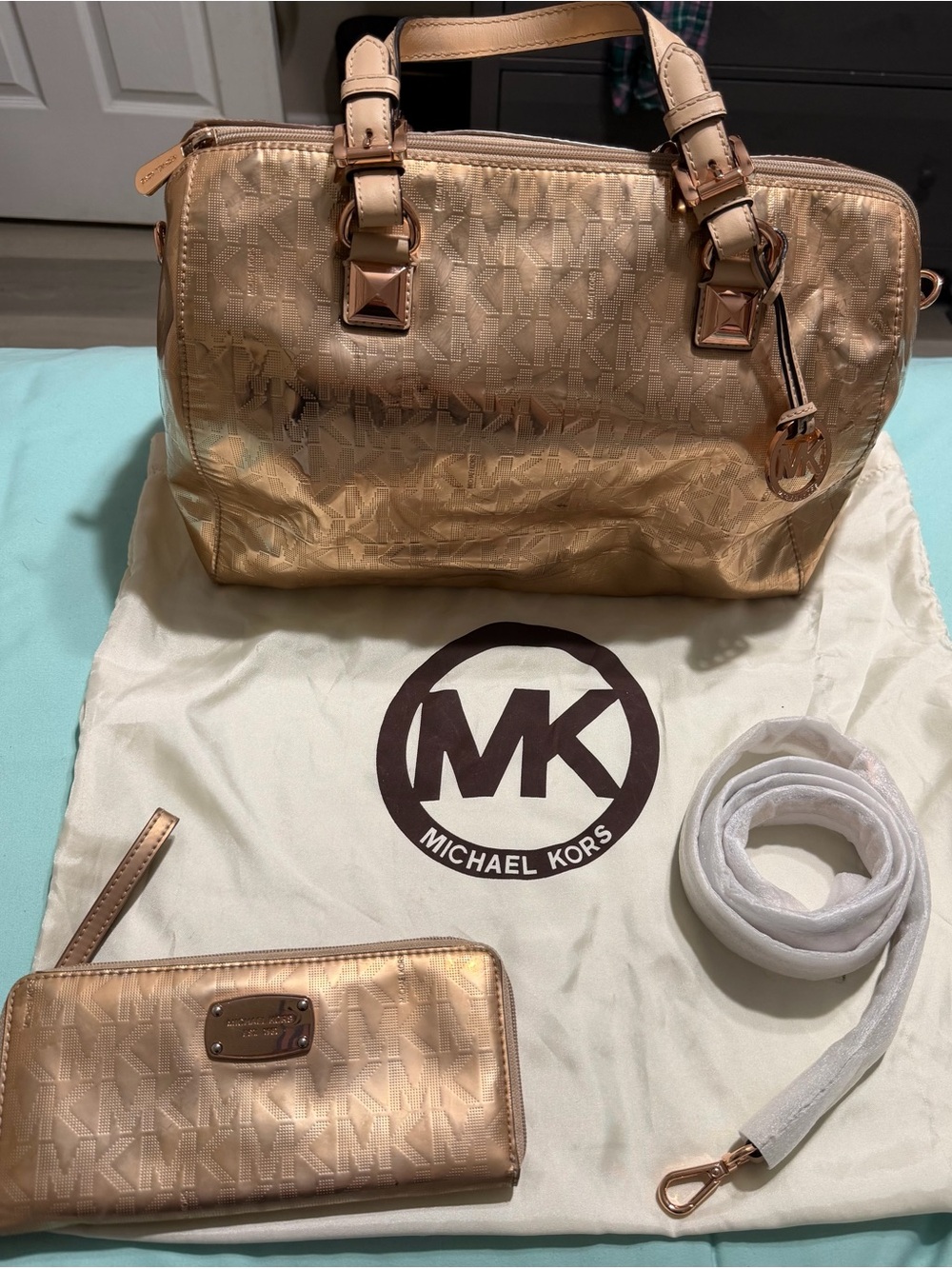 Michael Kors Metallic Rose Gold Satchel with Matching Wallet